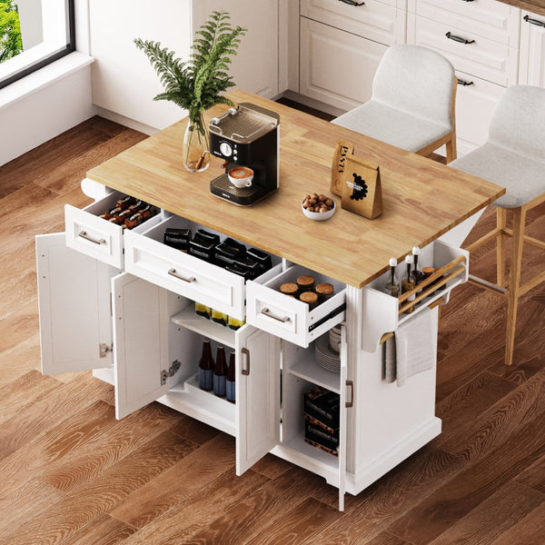 HomeRoots 54" White Wood Rolling Kitchen Island with Barn Door, Storage, and Expandable Drop Leaf Design 654022