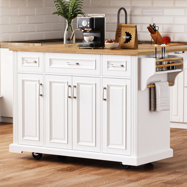 HomeRoots 54" White Wood Rolling Kitchen Island with Barn Door, Storage, and Expandable Drop Leaf Design 654022