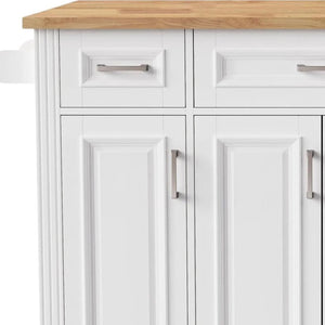 HomeRoots 54" White Wood Rolling Kitchen Island with Barn Door, Storage, and Expandable Drop Leaf Design 654022