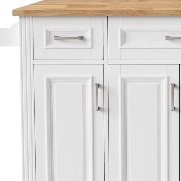 HomeRoots 54" White Wood Rolling Kitchen Island with Barn Door, Storage, and Expandable Drop Leaf Design 654022