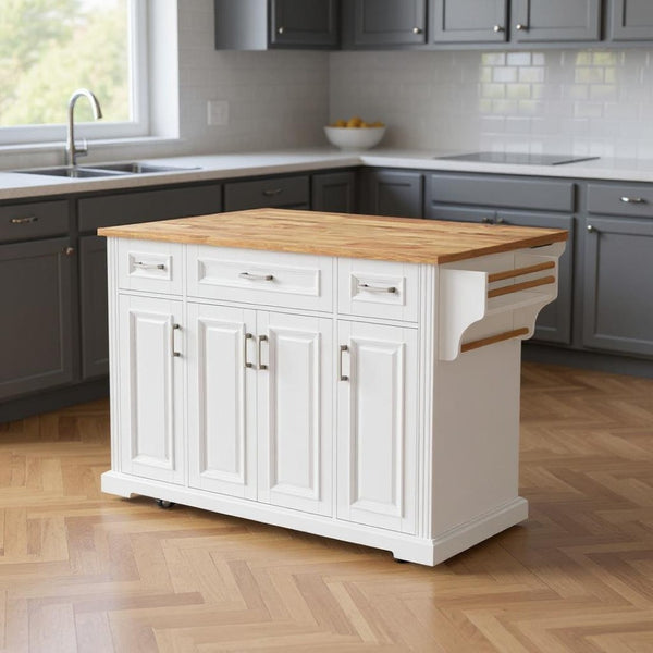 HomeRoots 54" White Wood Rolling Kitchen Island with Barn Door, Storage, and Expandable Drop Leaf Design 654022