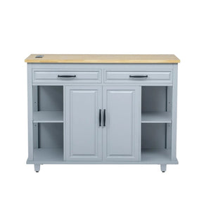 HomeRoots 47" Light Blue Wood Barn Door Rolling Kitchen Island with USB Charging, Expandable Prep Space & Storage 654023