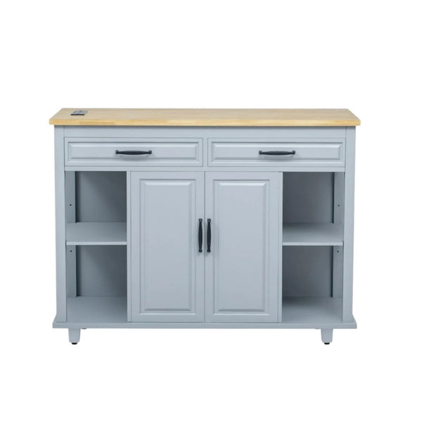 HomeRoots 47" Light Blue Wood Barn Door Rolling Kitchen Island with USB Charging, Expandable Prep Space & Storage 654023
