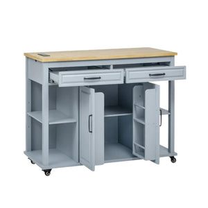 HomeRoots 47" Light Blue Wood Barn Door Rolling Kitchen Island with USB Charging, Expandable Prep Space & Storage 654023