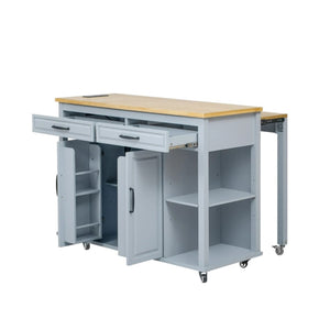 HomeRoots 47" Light Blue Wood Barn Door Rolling Kitchen Island with USB Charging, Expandable Prep Space & Storage 654023