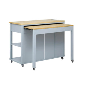 HomeRoots 47" Light Blue Wood Barn Door Rolling Kitchen Island with USB Charging, Expandable Prep Space & Storage 654023