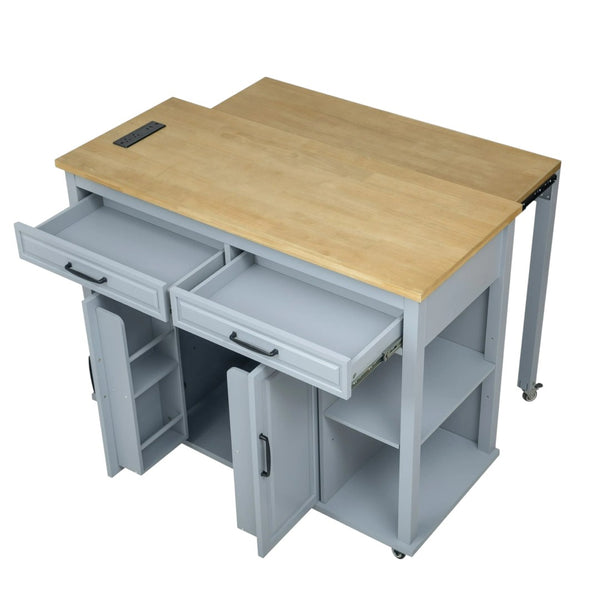 HomeRoots 47" Light Blue Wood Barn Door Rolling Kitchen Island with USB Charging, Expandable Prep Space & Storage 654023