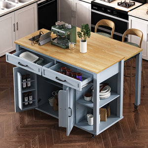 HomeRoots 47" Light Blue Wood Barn Door Rolling Kitchen Island with USB Charging, Expandable Prep Space & Storage 654023