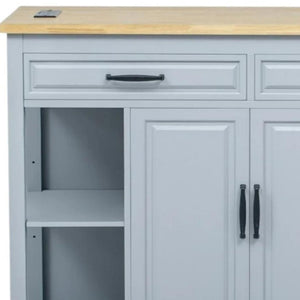 HomeRoots 47" Light Blue Wood Barn Door Rolling Kitchen Island with USB Charging, Expandable Prep Space & Storage 654023