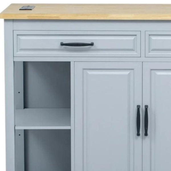HomeRoots 47" Light Blue Wood Barn Door Rolling Kitchen Island with USB Charging, Expandable Prep Space & Storage 654023