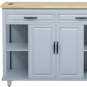 HomeRoots 47" Light Blue Wood Barn Door Rolling Kitchen Island with USB Charging, Expandable Prep Space & Storage 654023