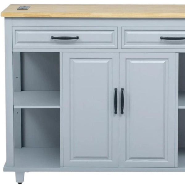 HomeRoots 47" Light Blue Wood Barn Door Rolling Kitchen Island with USB Charging, Expandable Prep Space & Storage 654023