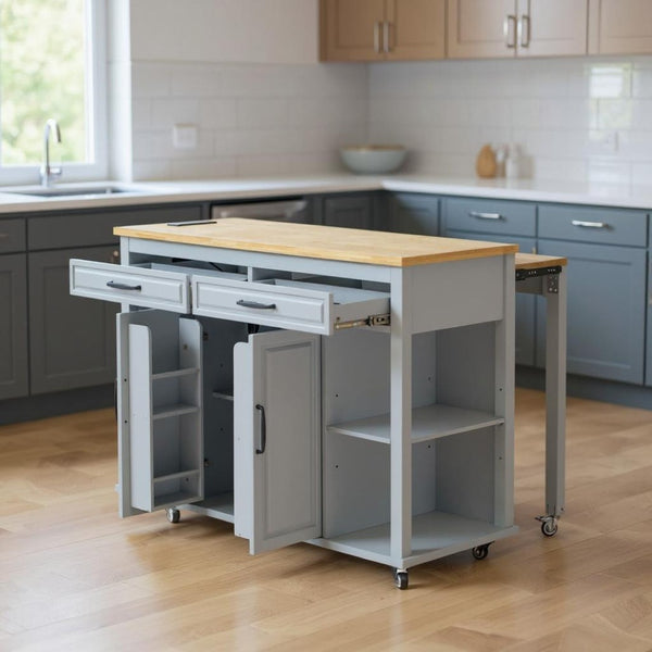 HomeRoots 47" Light Blue Wood Barn Door Rolling Kitchen Island with USB Charging, Expandable Prep Space & Storage 654023