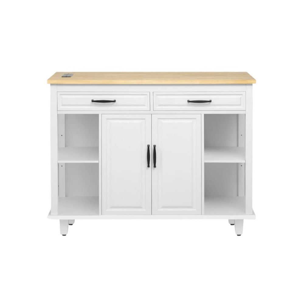 HomeRoots 47" White Wood Barn Door Rolling Kitchen Island with USB, Ample Storage & Rustic Farmhouse Charm 654024