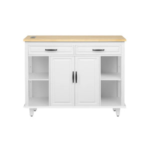 HomeRoots 47" White Wood Barn Door Rolling Kitchen Island with USB, Ample Storage & Rustic Farmhouse Charm 654024
