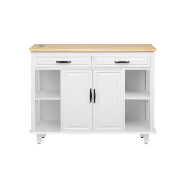 HomeRoots 47" White Wood Barn Door Rolling Kitchen Island with USB, Ample Storage & Rustic Farmhouse Charm 654024