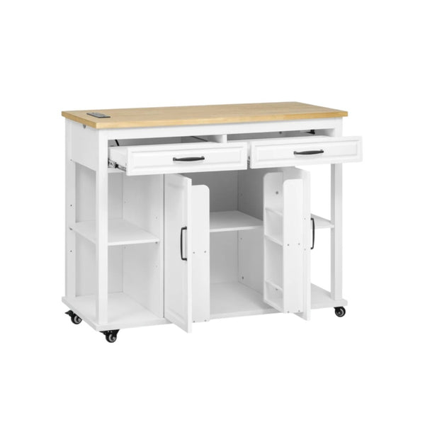 HomeRoots 47" White Wood Barn Door Rolling Kitchen Island with USB, Ample Storage & Rustic Farmhouse Charm 654024