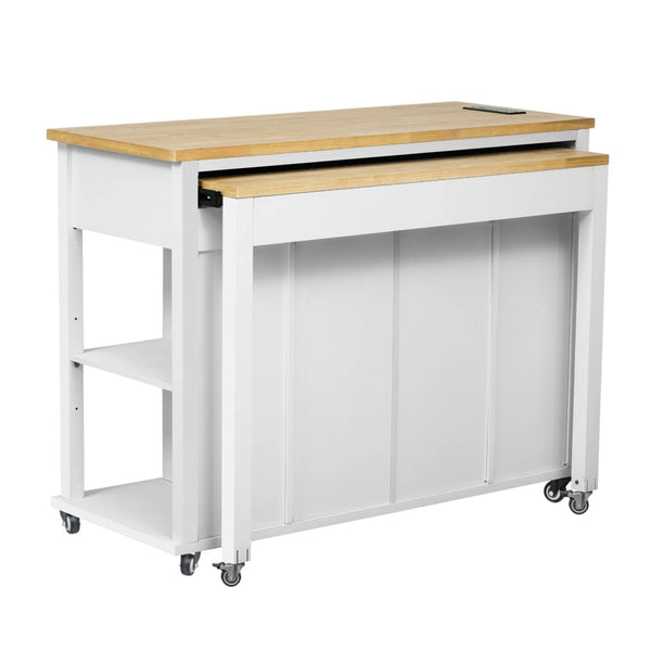 HomeRoots 47" White Wood Barn Door Rolling Kitchen Island with USB, Ample Storage & Rustic Farmhouse Charm 654024