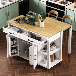 HomeRoots 47" White Wood Barn Door Rolling Kitchen Island with USB, Ample Storage & Rustic Farmhouse Charm 654024
