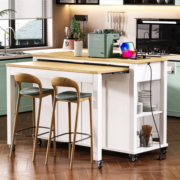 HomeRoots 47" White Wood Barn Door Rolling Kitchen Island with USB, Ample Storage & Rustic Farmhouse Charm 654024