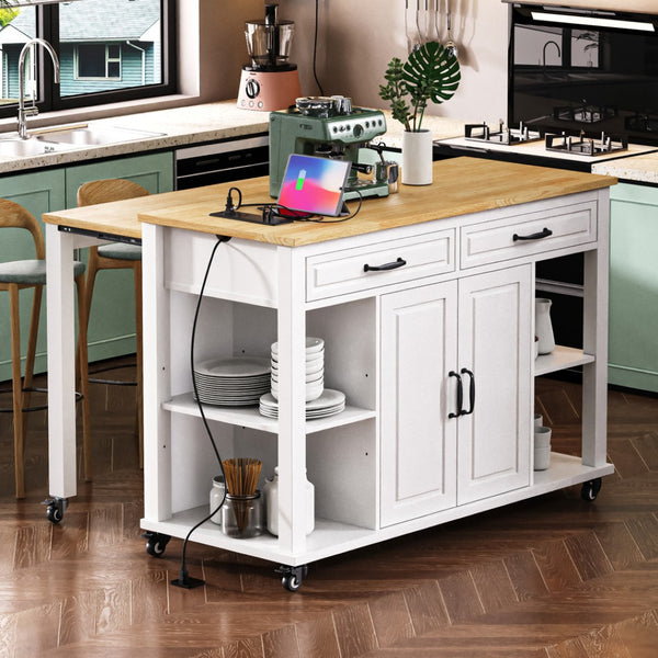 HomeRoots 47" White Wood Barn Door Rolling Kitchen Island with USB, Ample Storage & Rustic Farmhouse Charm 654024