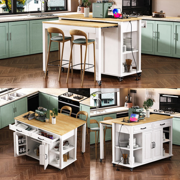 HomeRoots 47" White Wood Barn Door Rolling Kitchen Island with USB, Ample Storage & Rustic Farmhouse Charm 654024