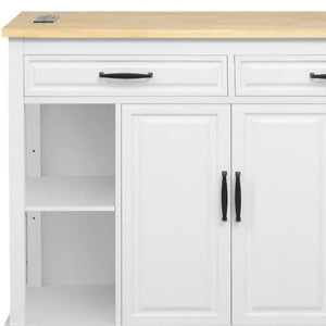 HomeRoots 47" White Wood Barn Door Rolling Kitchen Island with USB, Ample Storage & Rustic Farmhouse Charm 654024
