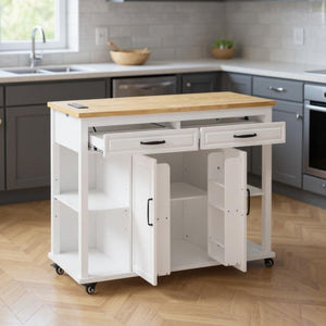HomeRoots 47" White Wood Barn Door Rolling Kitchen Island with USB, Ample Storage & Rustic Farmhouse Charm 654024