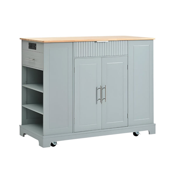 HomeRoots 49" Light Blue Wood Barn Door Kitchen Island with USB, Storage & Expandable Workspace for Farmhouse Charm 654025