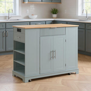 HomeRoots 49" Light Blue Wood Barn Door Kitchen Island with USB, Storage & Expandable Workspace for Farmhouse Charm 654025