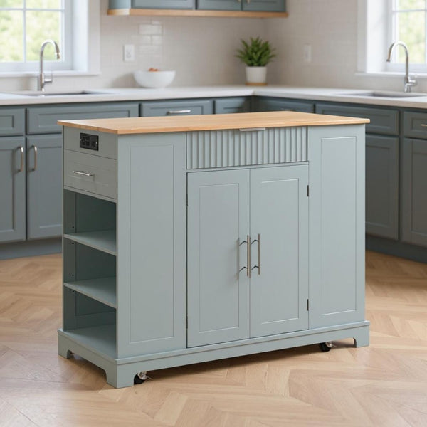 HomeRoots 49" Light Blue Wood Barn Door Kitchen Island with USB, Storage & Expandable Workspace for Farmhouse Charm 654025