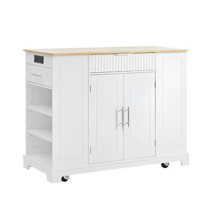 HomeRoots 49" White Wood Barn Door Rolling Kitchen Island with USB, Storage & Expandable Surface for Convenience 654026