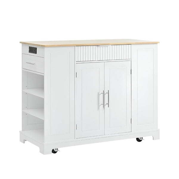 HomeRoots 49" White Wood Barn Door Rolling Kitchen Island with USB, Storage & Expandable Surface for Convenience 654026