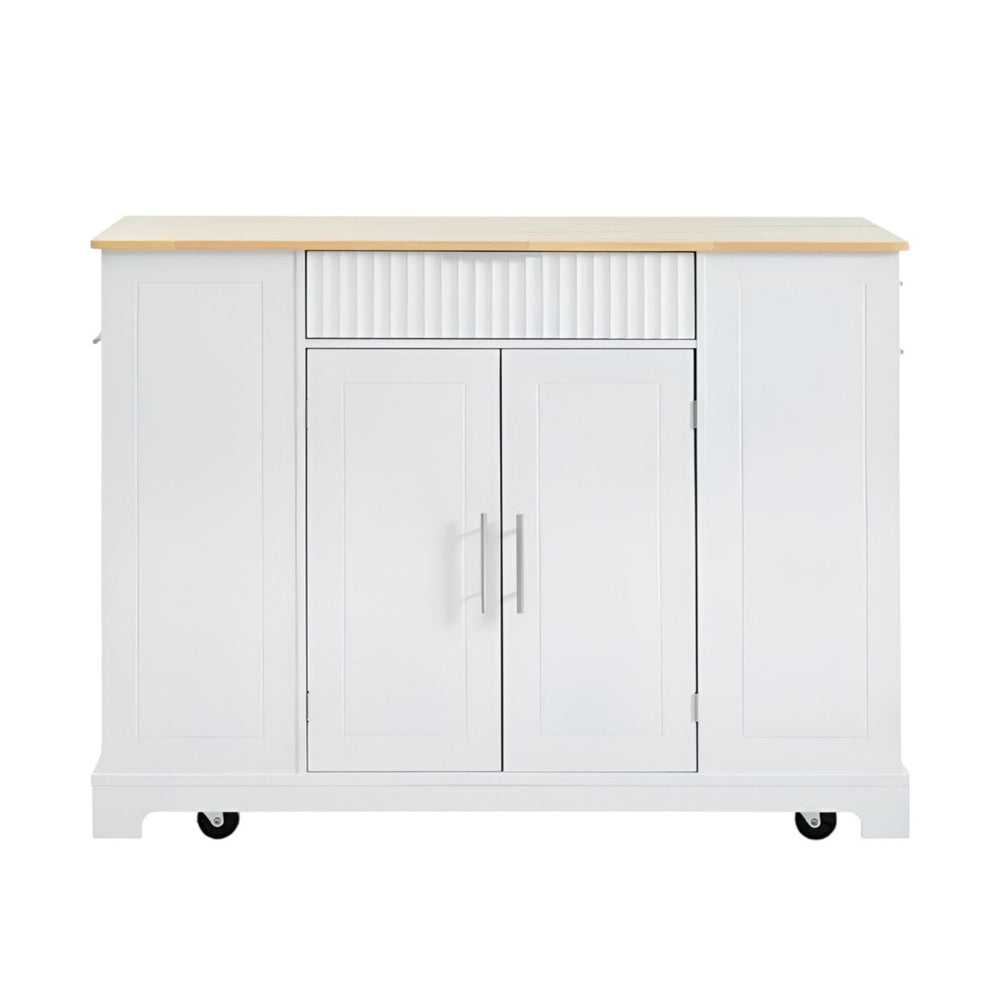 HomeRoots 49" White Wood Barn Door Rolling Kitchen Island with USB, Storage & Expandable Surface for Convenience 654026