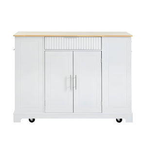 HomeRoots 49" White Wood Barn Door Rolling Kitchen Island with USB, Storage & Expandable Surface for Convenience 654026