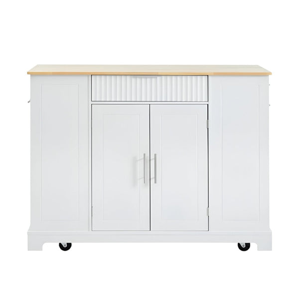 HomeRoots 49" White Wood Barn Door Rolling Kitchen Island with USB, Storage & Expandable Surface for Convenience 654026