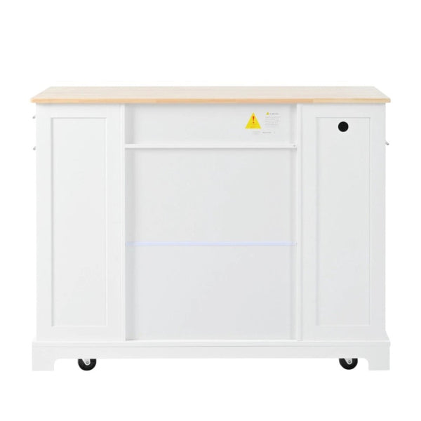HomeRoots 49" White Wood Barn Door Rolling Kitchen Island with USB, Storage & Expandable Surface for Convenience 654026