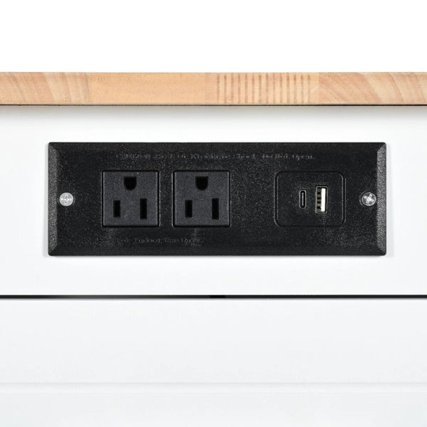 HomeRoots 49" White Wood Barn Door Rolling Kitchen Island with USB, Storage & Expandable Surface for Convenience 654026