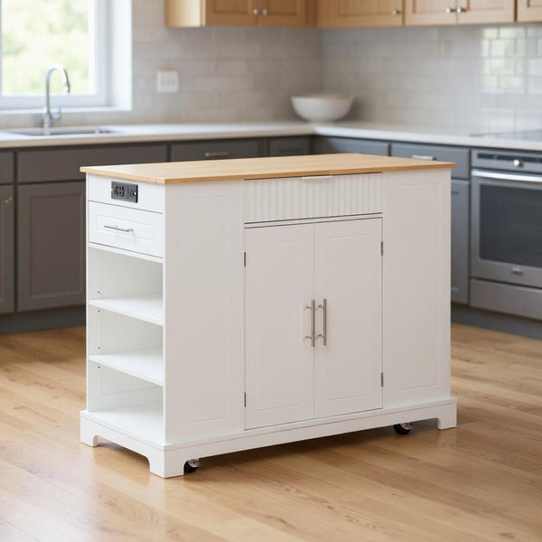 HomeRoots 49" White Wood Barn Door Rolling Kitchen Island with USB, Storage & Expandable Surface for Convenience 654026