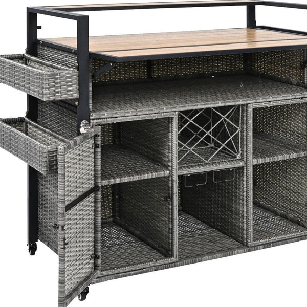 HomeRoots 53" Gray Wood & Metal Rolling Kitchen Island with Sliding Barn Door, Storage & Expandable Space 654028
