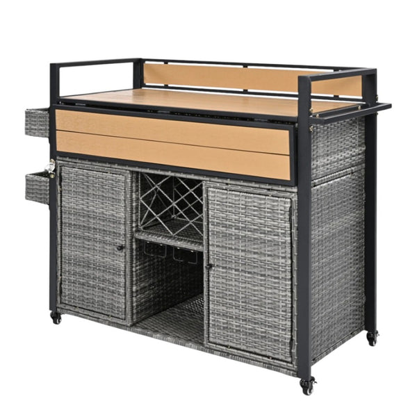 HomeRoots 53" Gray Wood & Metal Rolling Kitchen Island with Sliding Barn Door, Storage & Expandable Space 654028