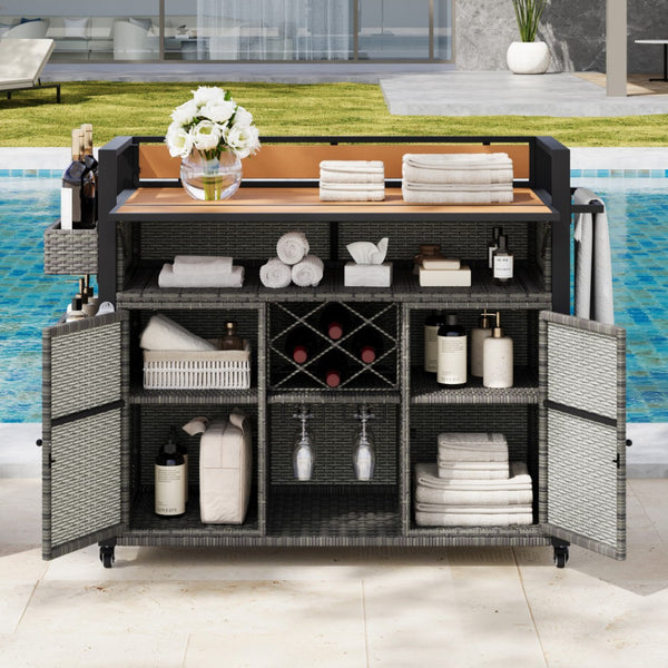 HomeRoots 53" Gray Wood & Metal Rolling Kitchen Island with Sliding Barn Door, Storage & Expandable Space 654028