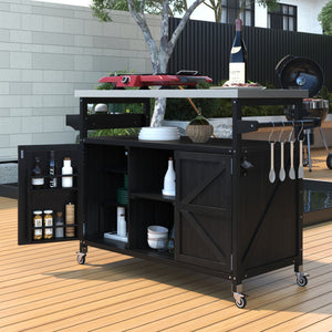 HomeRoots 50" Black Wood Barn Door Rolling Kitchen Island with Ample Storage & Rustic Farmhouse Style 654029