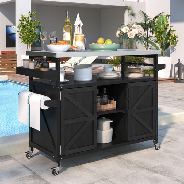 HomeRoots 50" Black Wood Barn Door Rolling Kitchen Island with Ample Storage & Rustic Farmhouse Style 654029
