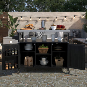 HomeRoots 50" Black Wood Barn Door Rolling Kitchen Island with Ample Storage & Rustic Farmhouse Style 654029