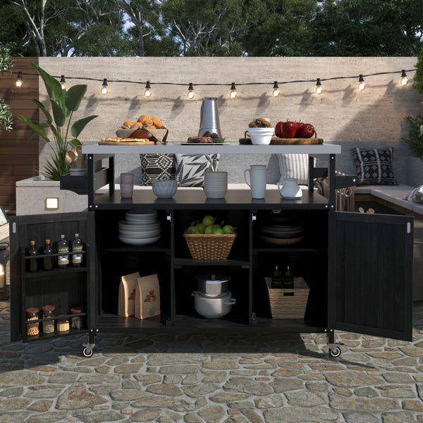 HomeRoots 50" Black Wood Barn Door Rolling Kitchen Island with Ample Storage & Rustic Farmhouse Style 654029