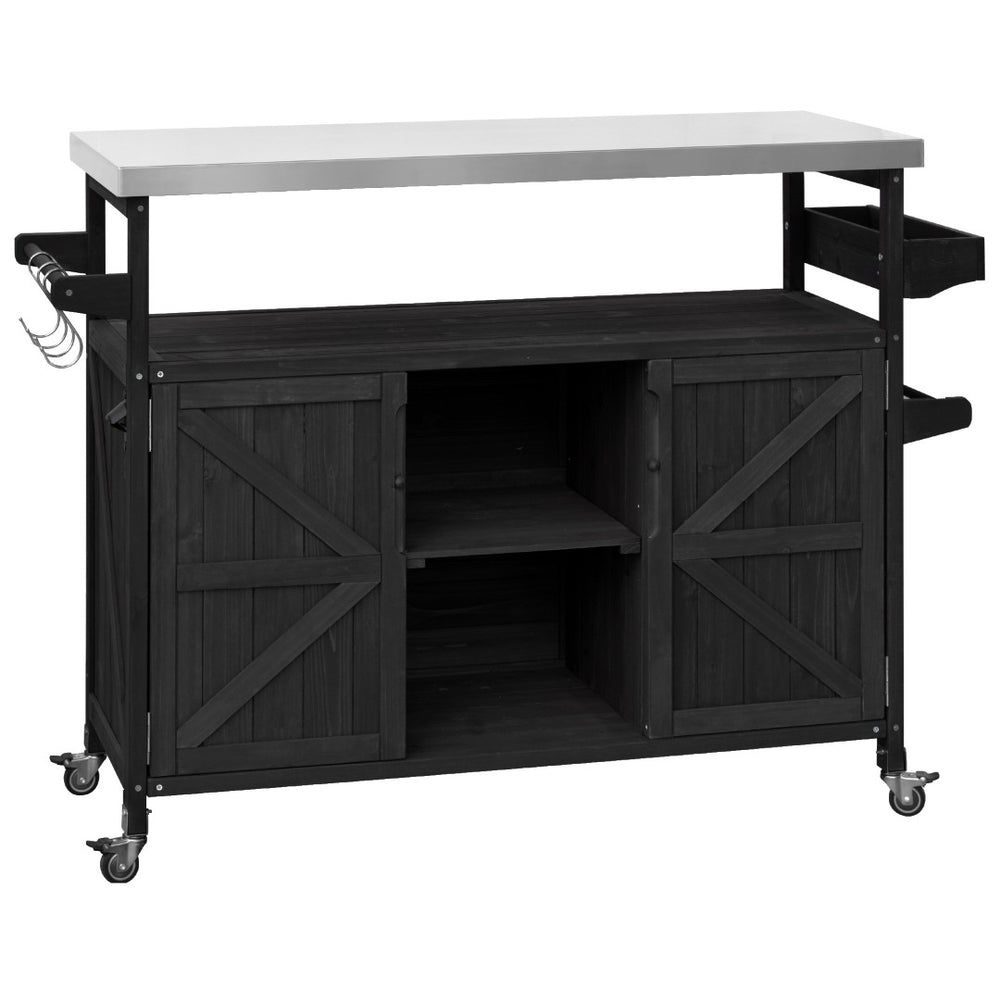 HomeRoots 50" Black Wood Barn Door Rolling Kitchen Island with Ample Storage & Rustic Farmhouse Style 654029