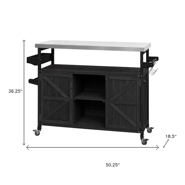 HomeRoots 50" Black Wood Barn Door Rolling Kitchen Island with Ample Storage & Rustic Farmhouse Style 654029