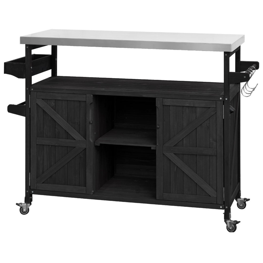 HomeRoots 50" Black Wood Barn Door Rolling Kitchen Island with Ample Storage & Rustic Farmhouse Style 654029