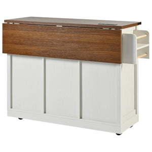 HomeRoots 54" Rolling Kitchen Island with USB Ports - White Barn Door Design, Drop Leaf Extension, and Storage 654030